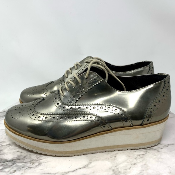 Contigo Italy Patent Leather Platform WingTip Oxfords 38 Metallic Minimalist - Picture 3 of 16